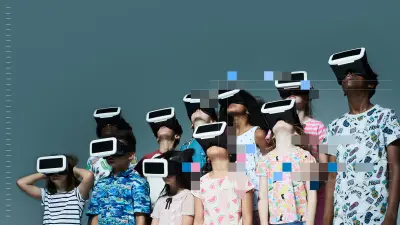 A group of children wearing VR headsets look upward. Parts of the image are overlaid with colorful pixel blocks.